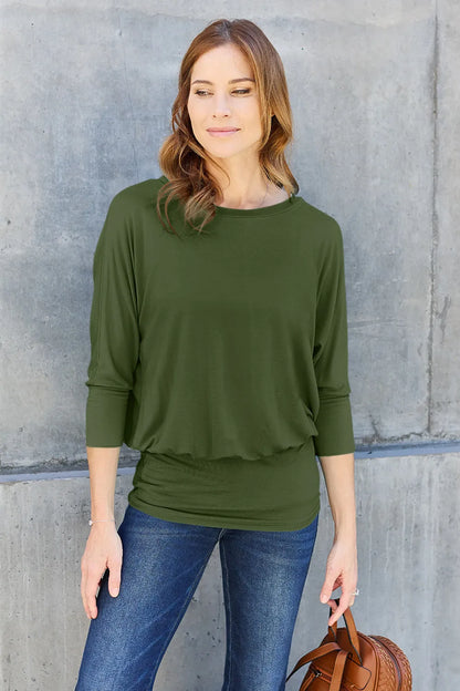 Basic Bae Full Size Round Neck Batwing Sleeve Top Army Green