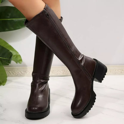 Round Toe Block Heels Boots Dark Brown