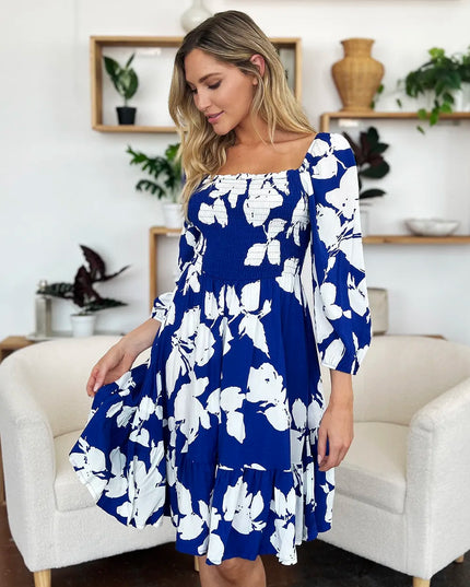 Double Take Full Size Floral Ruffle Hem Smocked Dress with Pockets