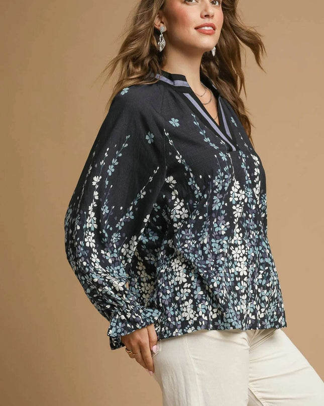 Umgee Full Size Floral Vine Print Blouse with Balloon Sleeves Plus Size