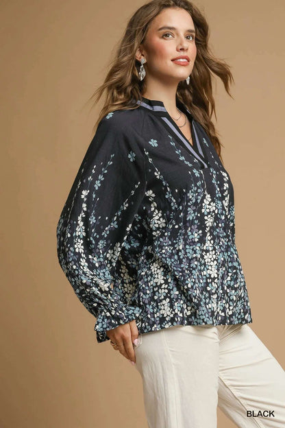 Umgee Full Size Floral Vine Print Blouse with Balloon Sleeves Plus Size