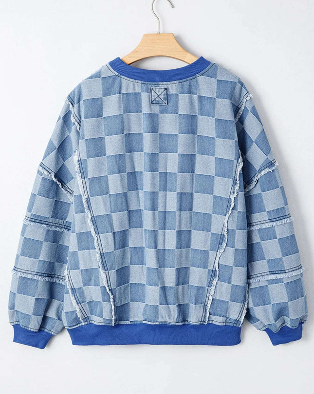 Checkerboard Splicing Raw Detail Oversized Denim Top