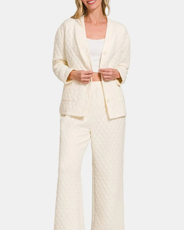 Zenana Quilted Button Up Long Sleeve Top and Pants Lounge Set