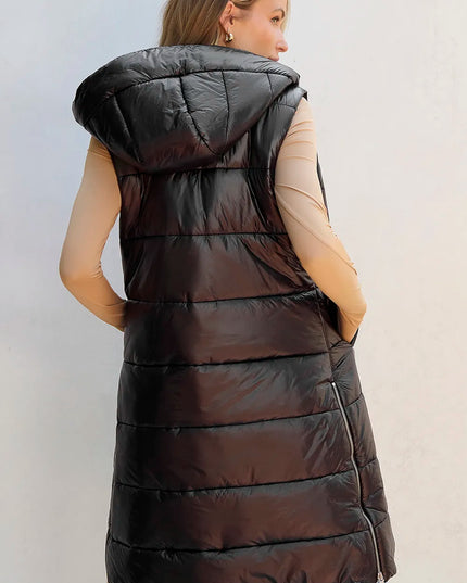 Longline Hooded Sleeveless Puffer Vest