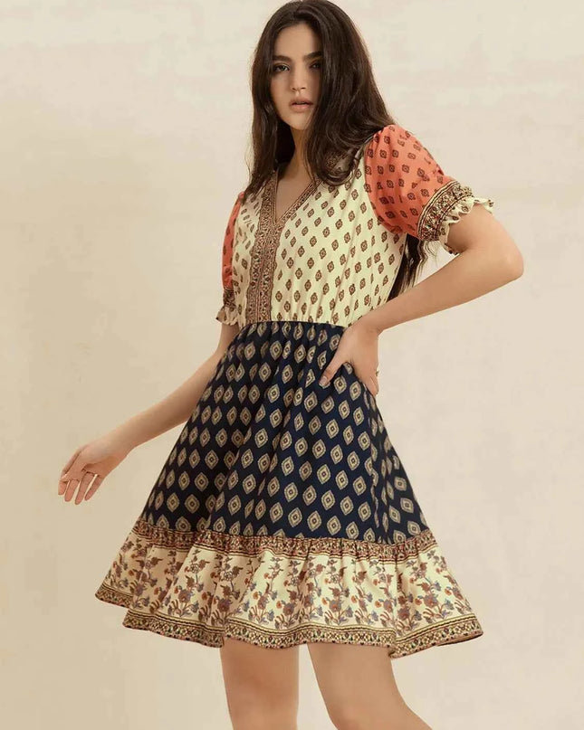 Printed V-Neck Short Sleeve Dress