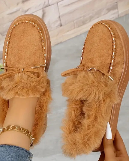 Bow Furry Round Toe Flat Slip-Ons Brown
