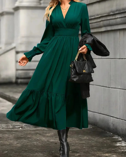 Notched Long Sleeve Tiered Dress