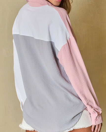 Color Block Oversized Button-Up Shirt with Chest Pocket 