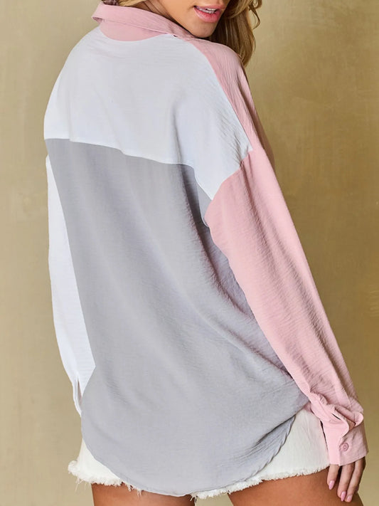 Color Block Oversized Button-Up Shirt with Chest Pocket 