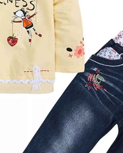 Children's Round Neck Top and Jeans Set Light Yellow