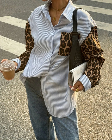 Leopard Print Sleeve Striped Button-Down Shirt Stripe