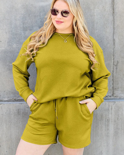 Double Take Full Size Texture Long Sleeve Top and Drawstring Shorts Set