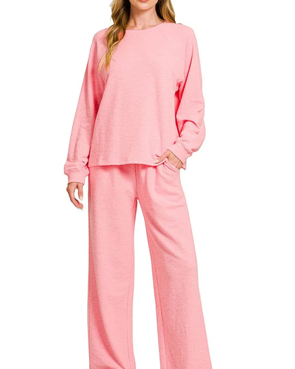 Zenana Slub Long Sleeve Top and Pants Lounge Set DK PINK