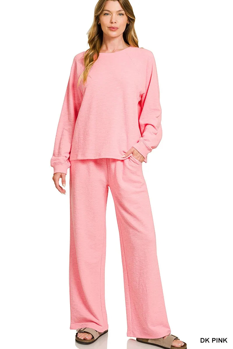 Zenana Slub Long Sleeve Top and Pants Lounge Set DK PINK