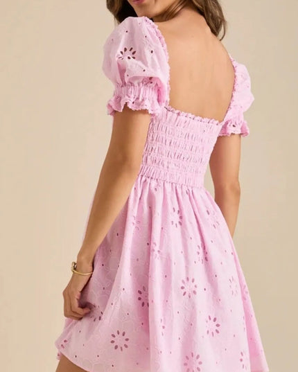 Eyelet Puff Sleeve Smocked Mini Dress