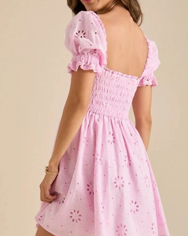 Eyelet Puff Sleeve Smocked Mini Dress