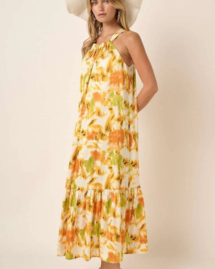 Mittoshop Watercolor Print Halter Neck Satin Maxi Dress 
