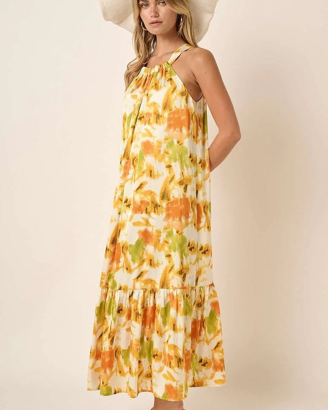 Mittoshop Watercolor Print Halter Neck Satin Maxi Dress 