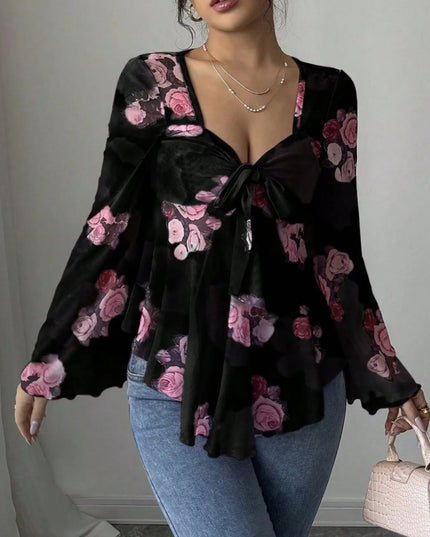 Floral Tie Front Flare Sleeve Blouse