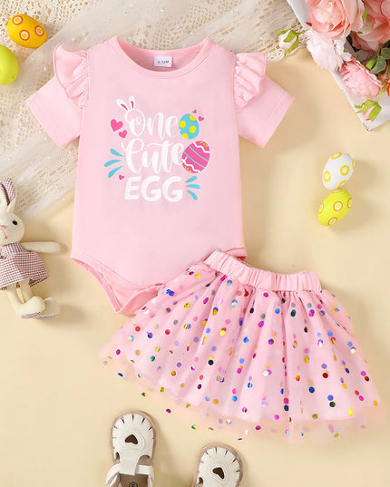 Children's Ruffled Graphic Bodysuit and Skirt Set Blush Pink