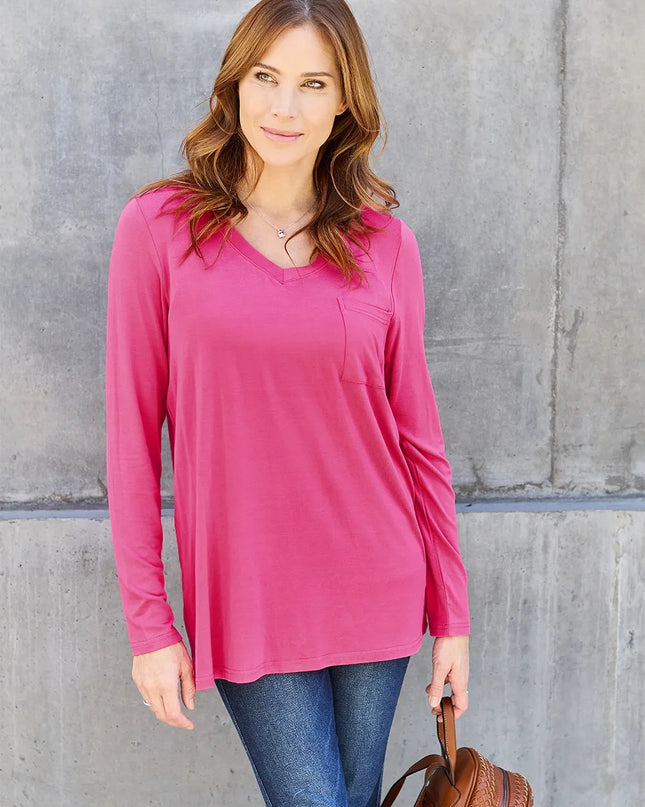 Basic Bae Full Size V-Neck Long Sleeve Top Hot Pink