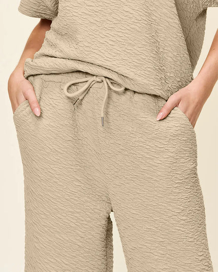Double Take Full Size Texture Short Sleeve Top and Pants Set