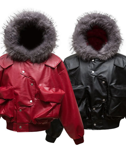Men's Leather Bomber Jacket with Faux Fur Hood