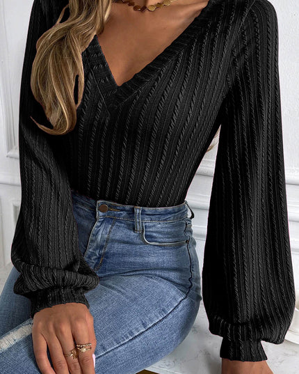 V-Neck Long Sleeve Knit Top Black