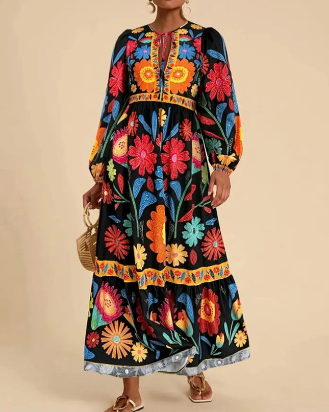 Floral Tie Waist Long Sleeve Dress Color 2