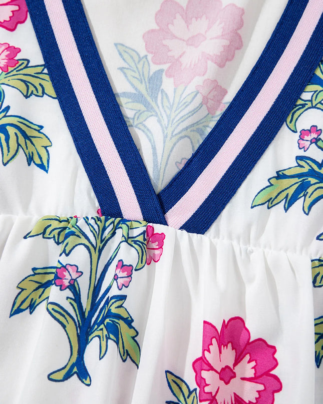 Floral Print Striped V Neck Blouse