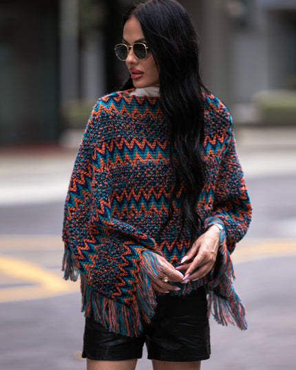 Shiny Fringe Hem Boat Neck Poncho