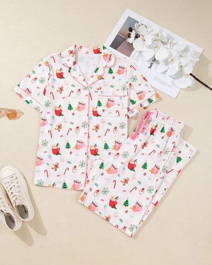 Christmas Spirit Cute Holiday Print Short Sleeve Shirt and Pants 2pcs Pajama Set