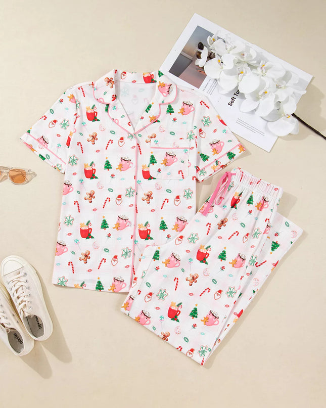 Christmas Spirit Cute Holiday Print Short Sleeve Shirt and Pants 2pcs Pajama Set
