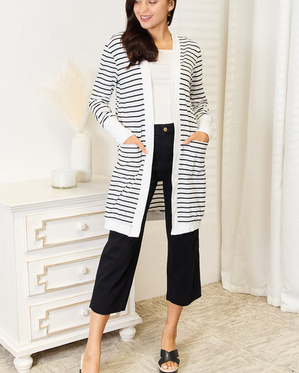 Double Take Striped Open Front Longline Cardigan