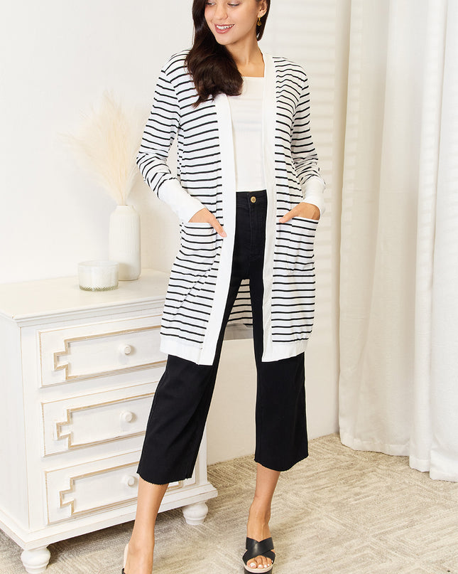 Double Take Striped Open Front Longline Cardigan