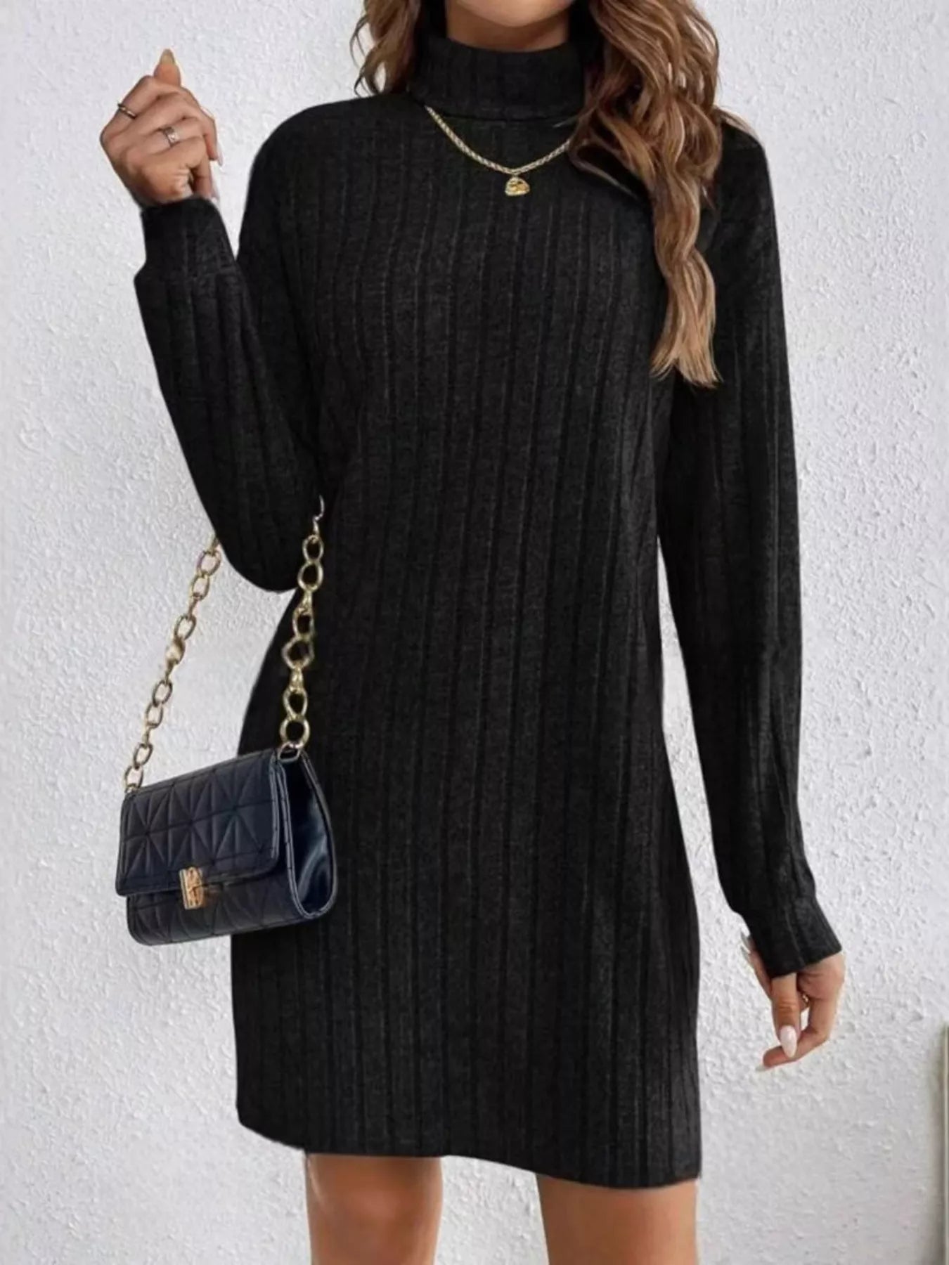 Casual Ribbed Turtleneck Long Sleeve Mini Dress Black