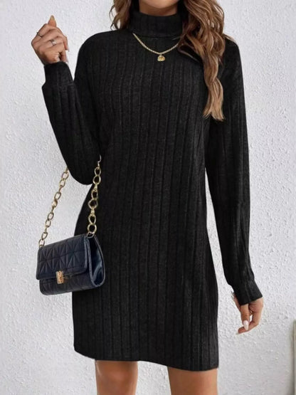 Casual Ribbed Turtleneck Long Sleeve Mini Dress Black