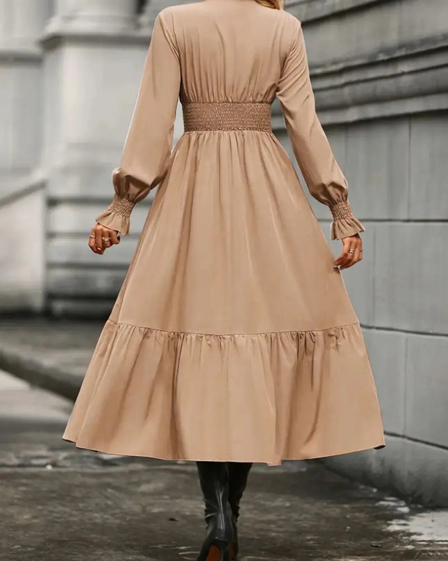 Notched Long Sleeve Tiered Dress