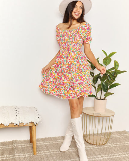 Devine Smocked Sweetheart Neck Flounce Sleeve Mini Dress