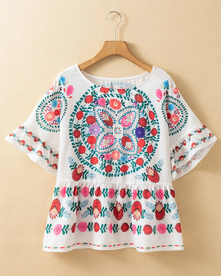 Floral Print Round Neck Ruffle Trim Blouse