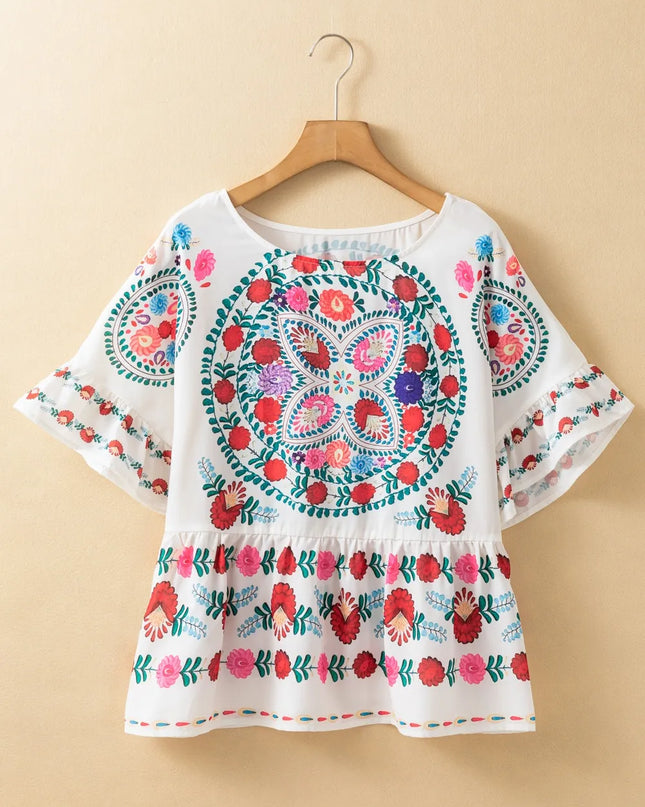 Floral Print Round Neck Ruffle Trim Blouse