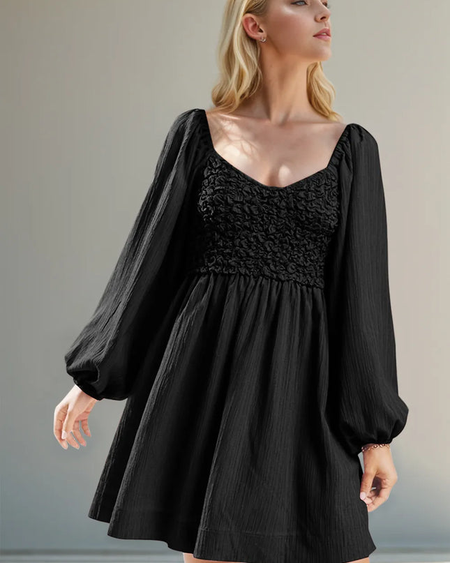 Double Take Texture Smocked Balloon Sleeve Mini Dress Black
