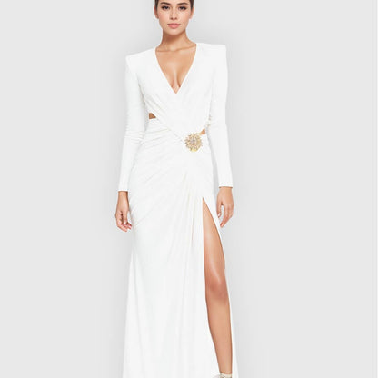 DR714 Graceful Pleated V-Neck Hollow Maxi Dress with Slit