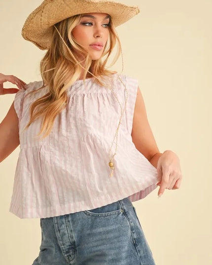 Aemi+Co Ruched Striped Round Neck Sleeveless Top