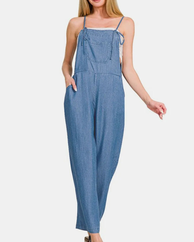 Zenana Washed Adjustable Strap Wide Leg Denim Overalls