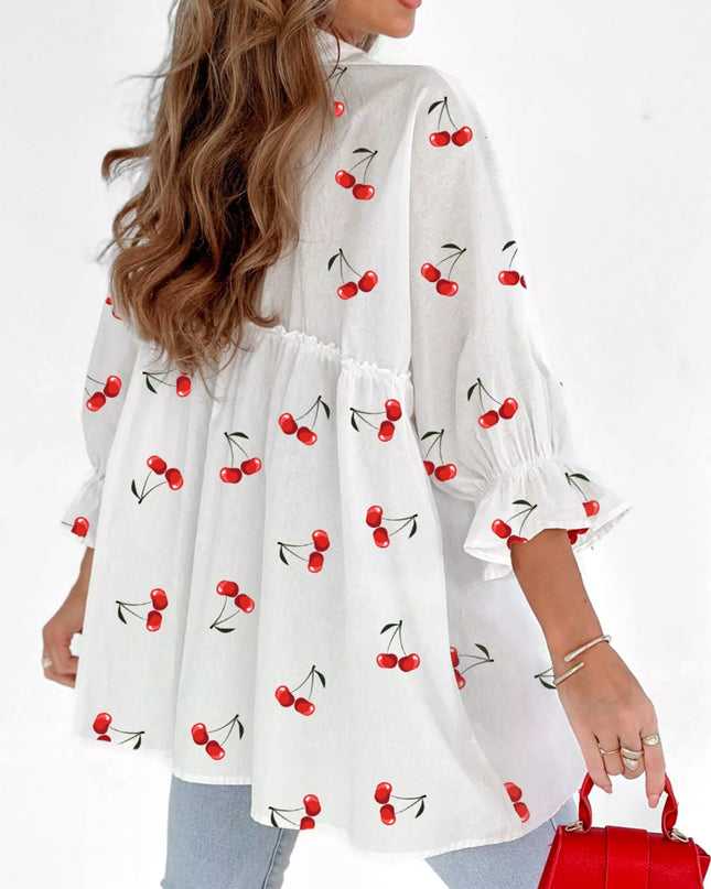 Cherry Print Flounce Sleeve Collared Frilled Babydoll Blouse