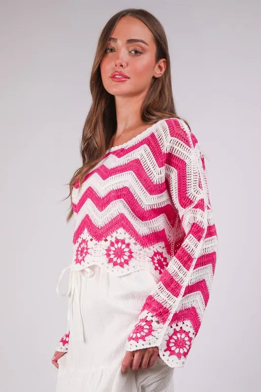 VERY J Chevron/Floral Pattern Crochet Knit Top