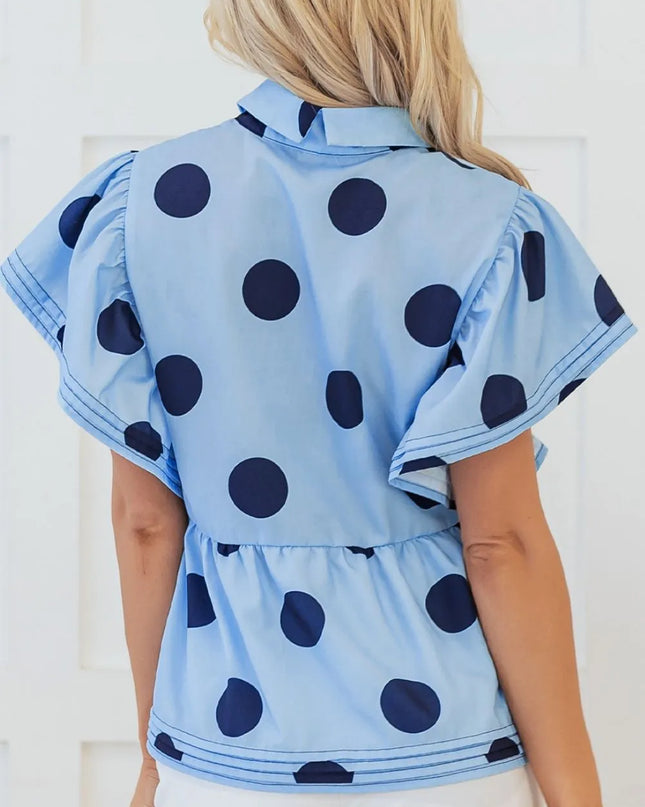 Polka Dot Print Ruffled Short Sleeve Buttoned Collared Blouse
