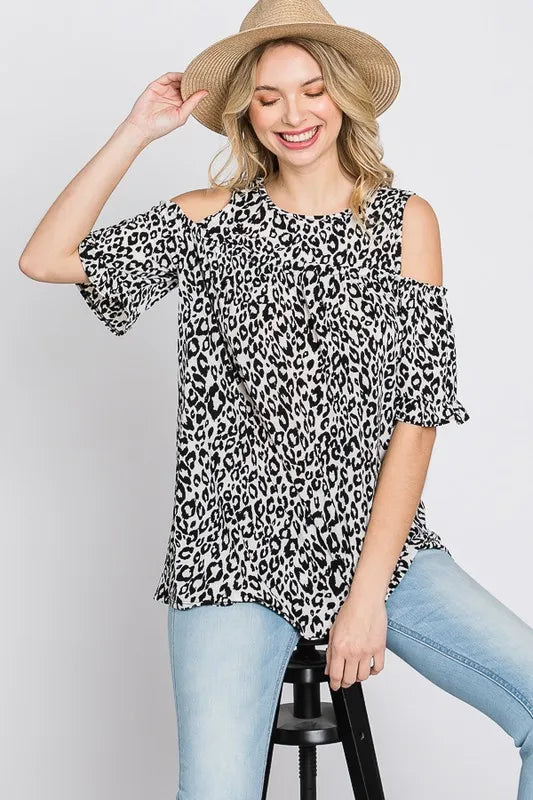 Heimish Full Size Leopard Round Neck Cold Shoulder T-Shirt Plus Size