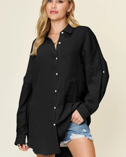 Double Take Full Size Pocketed Texture Button Up Shirt